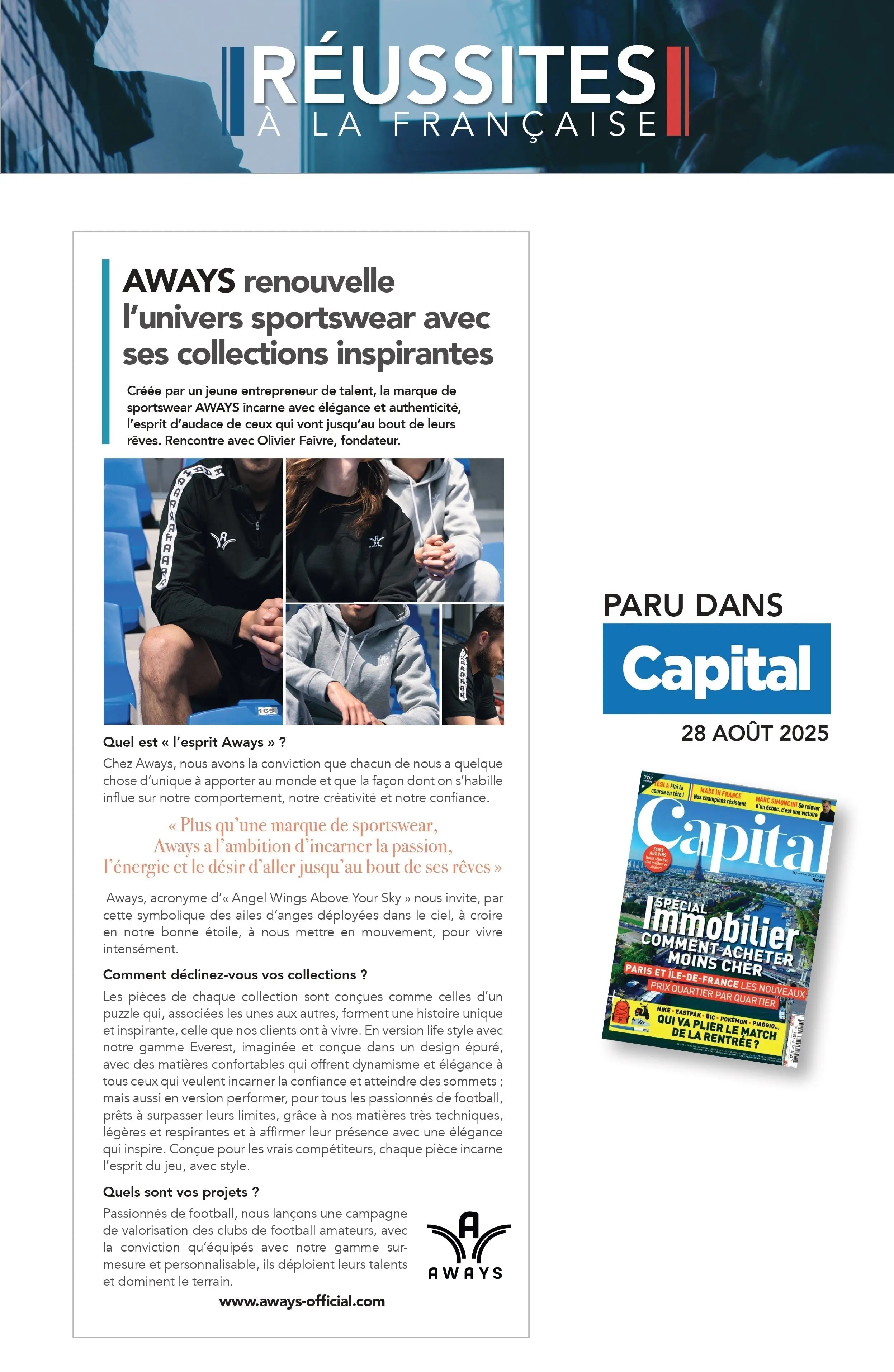 Parution presse AWAYS dans le magazine Capital – marque sportswear premium et collections Everest et Performer