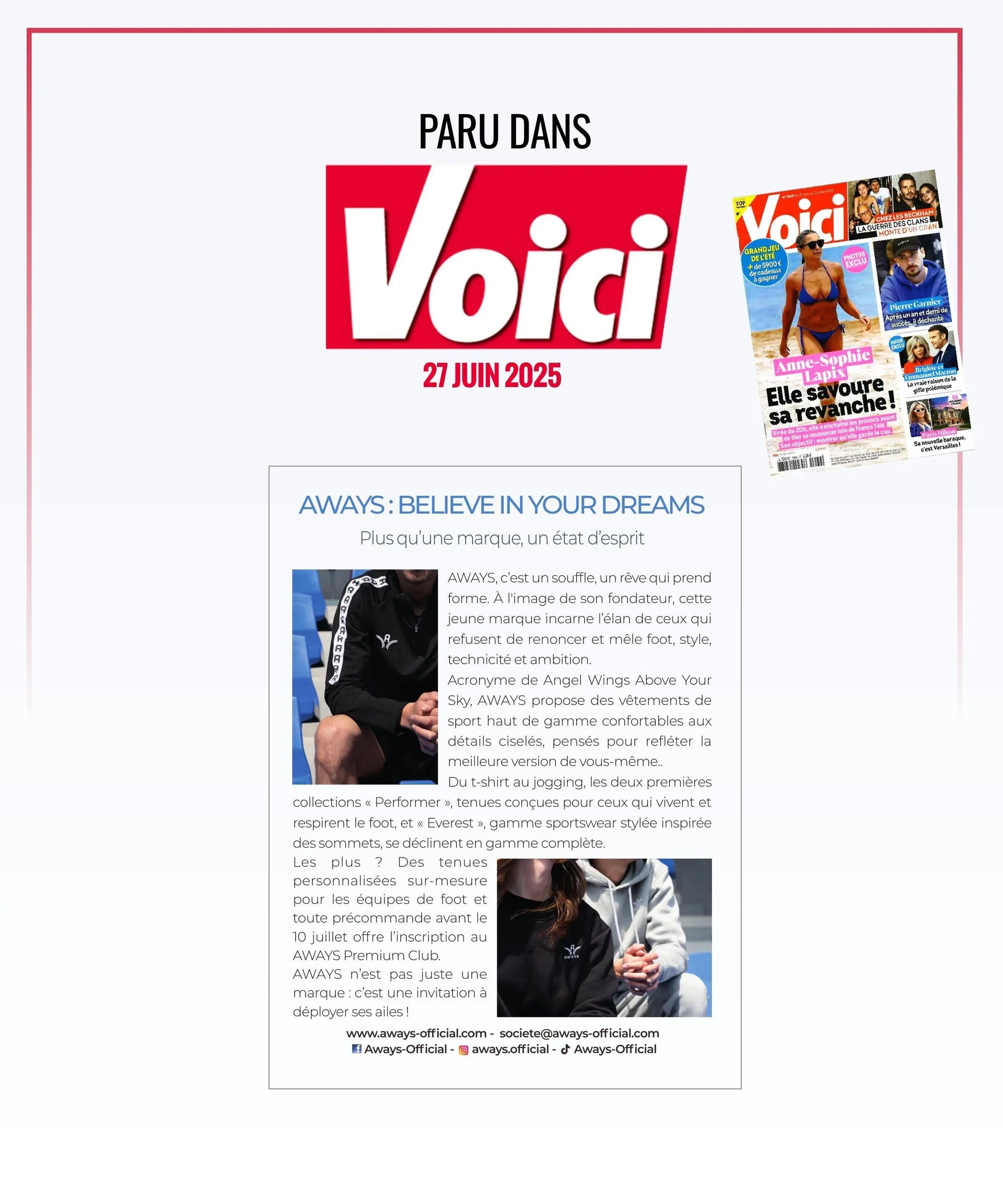 Première parution presse Aways dans Voici – Believe In Your Dreams