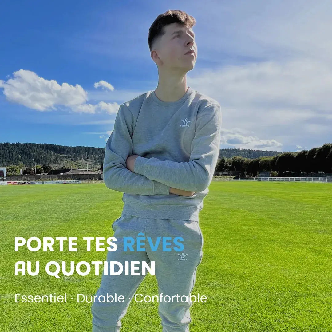 Sweat col rond Aways Everest gris porté – avec texte et message de marque
