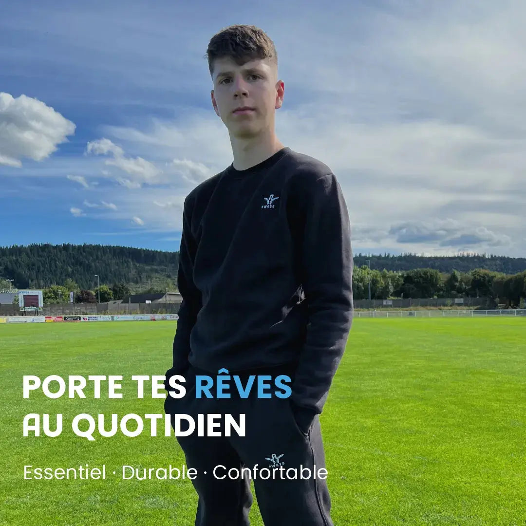 Sweat col rond Aways Everest noir porté – avec texte et message de marque