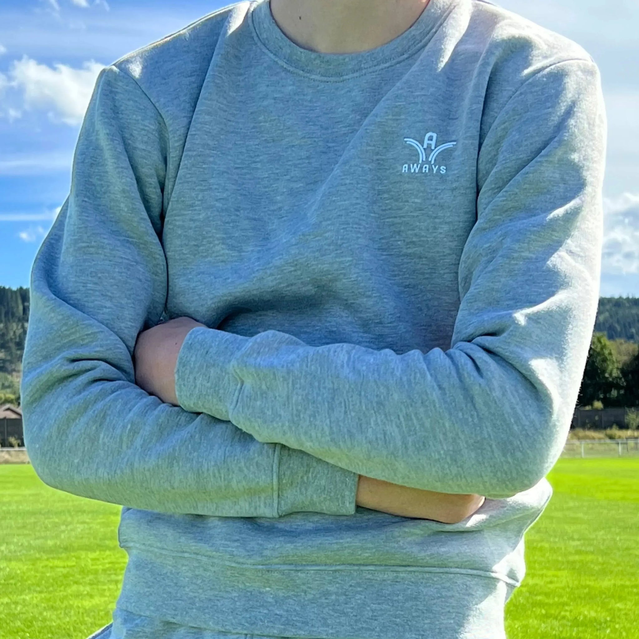 Sweat col rond Aways Everest gris porté – détail logo poitrine